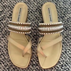 Manolo Blahnik Nude Beaded Pearl-Embellished Leather Sandals
